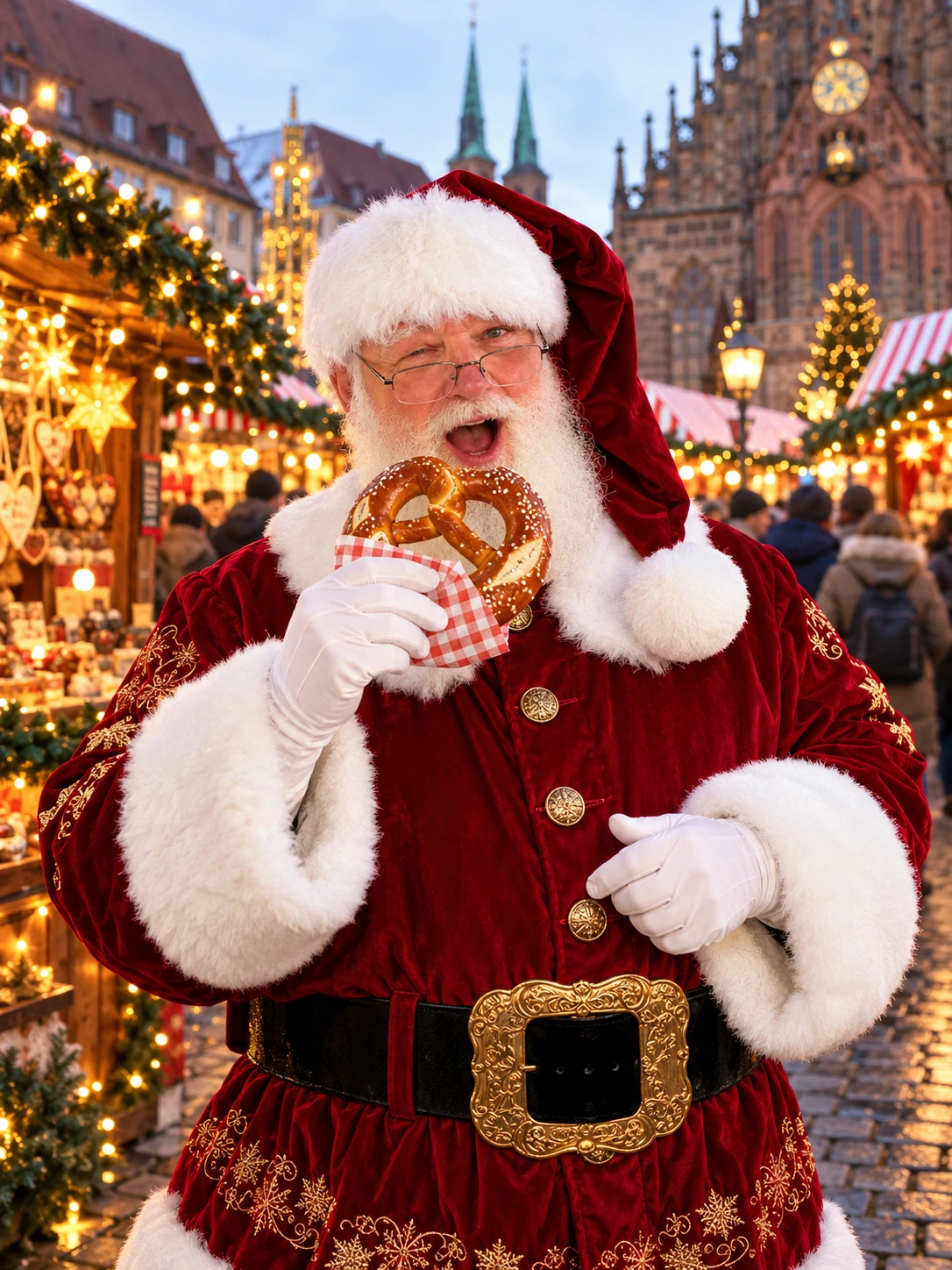 Santa enjoying a traditional European Christmas market with a pretzel