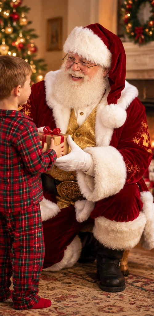 Illustrated Santa sharing a Christmas gift with a child during a warm in-home holiday visit