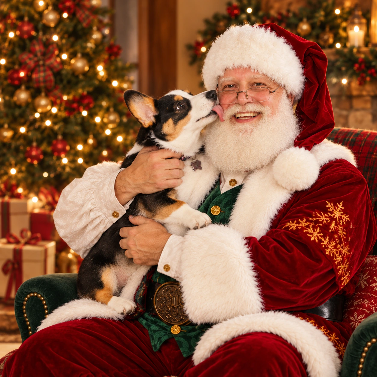 The Rocky Top Santa seated with his corgi giving him a kiss