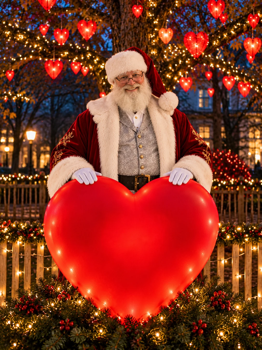 Santa holding a red heart in a festive outdoor setting