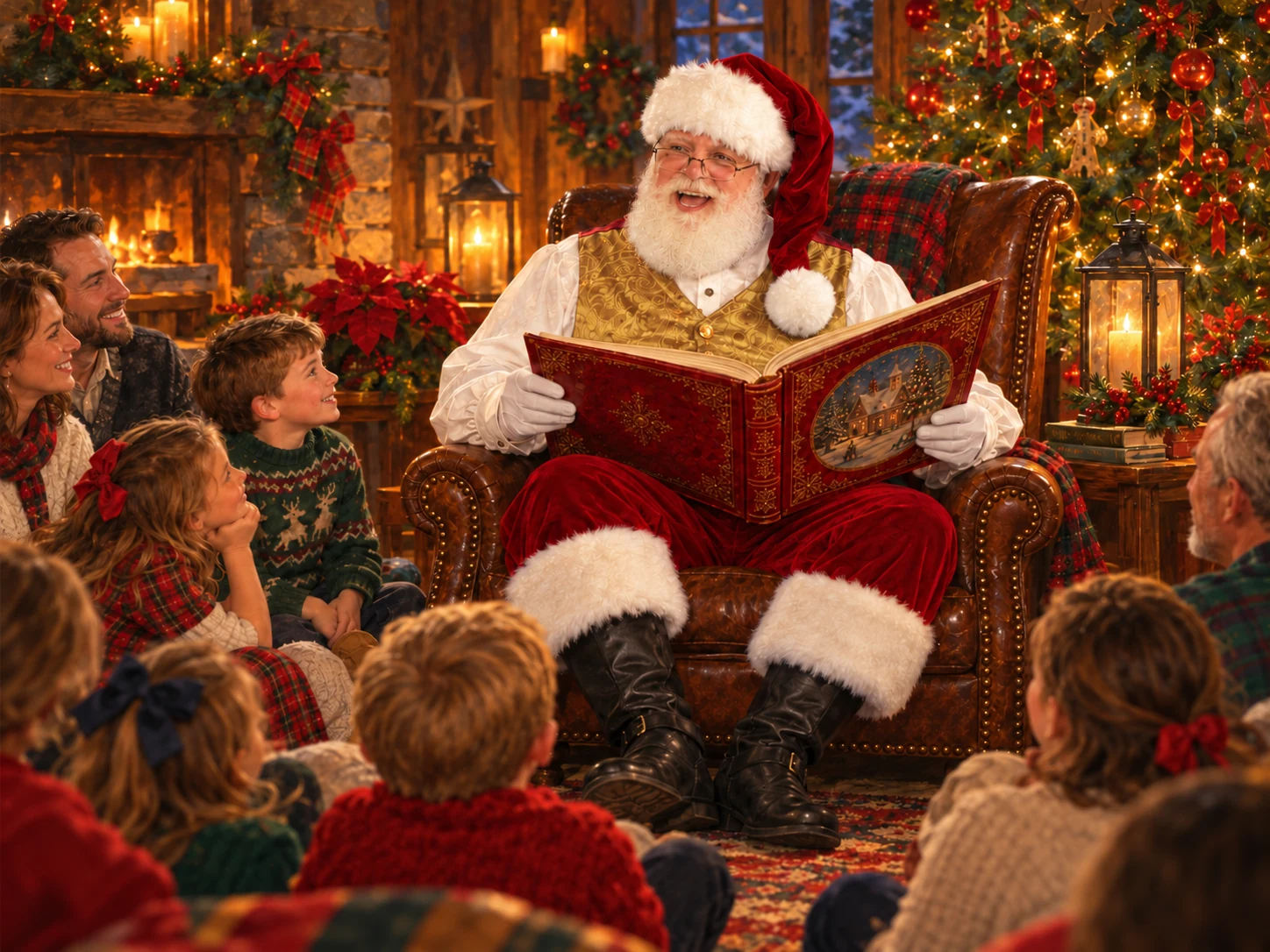 Santa sharing Christmas stories with families beside a Christmas tree