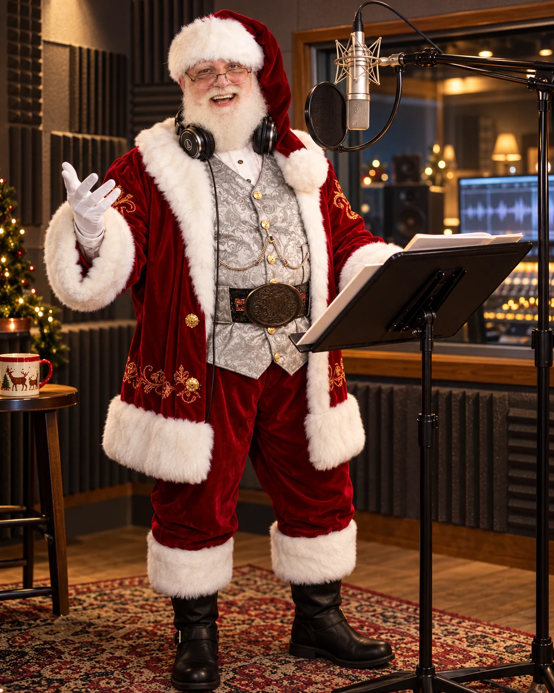 Santa in recording studio with silver brocade vest and microphone